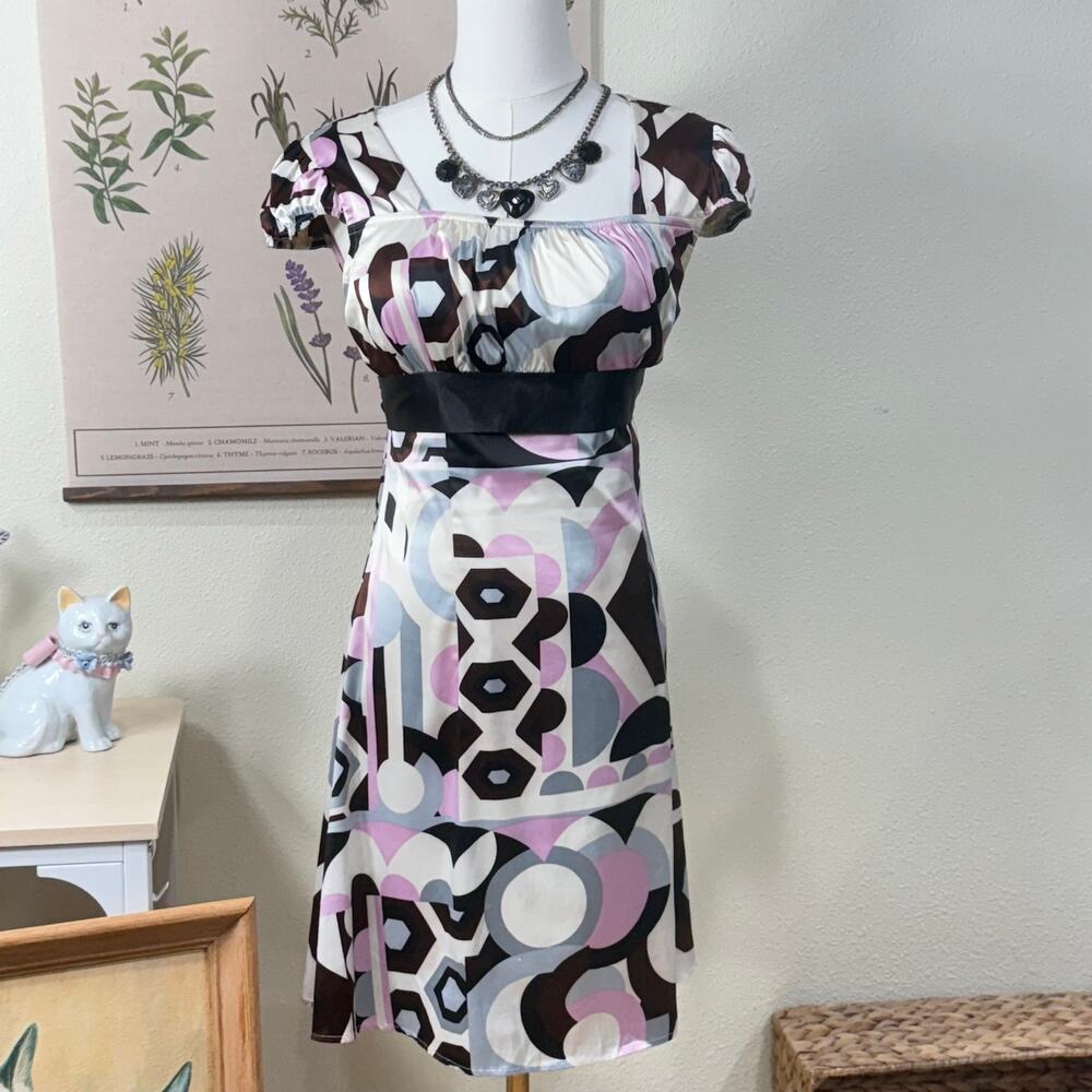 Satin Print Tie Back Babydoll Milkmaid Dress Whimsy Twee Mod Retro Y2k Euro XS S